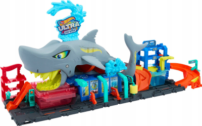 Pistë garash Hot Wheels City Ultra Shark Car Wash, me ujë, ndryshim ngjyre, shumëngjyrëshe