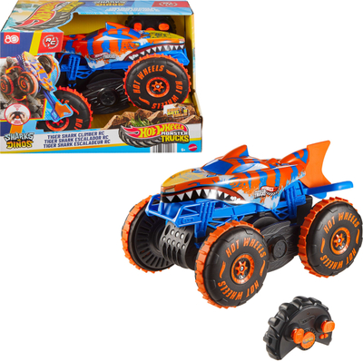 Makina me telekomandë Hot Wheels Monster Trucks Tiger Shark Climber RC, funksion ngjitës, për kalamaj
