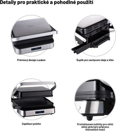 Grill elektrik Lauben Contact Grill Deluxe 2000ST, 2000W, pllaka mos-ngjitëse, gri me të zezë