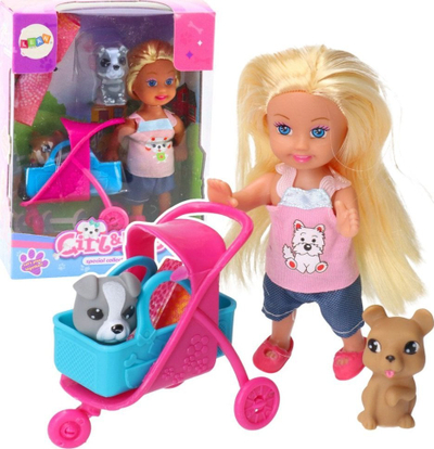 Set lodrash LeanToys Mini Doll, karrocë kukulle, qenushë, rozë
