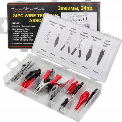 Konektorë krokodil për kabllo Rockforce, të shtypur, set 24 copë