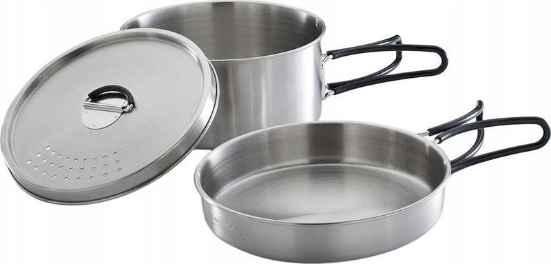 Set gatimi trekking nga çelik inox, tenxhere dhe tigan, doreza silikoni, gri