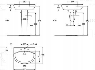 Лавабо Ideal Standard Ulysse W409601, 60x46 cm, дупка за батерија во средина, бело