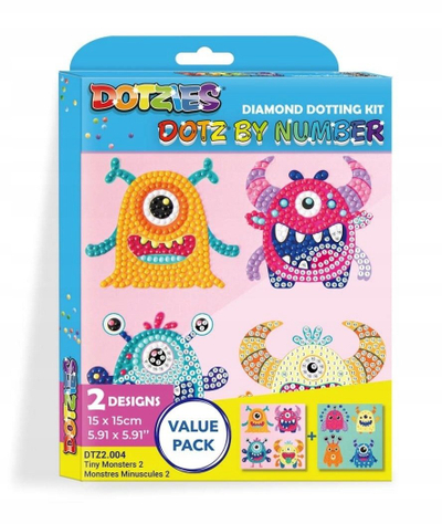 Set pikturimi me gurë Diamond Dotz Tiny Monsters 2, 15 x 15 cm, 2 figura, shumëngjyrësh