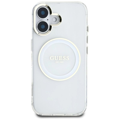 Маска за телефон Guess IML Metal Circle Classic Logo MagSafe за iPhone 16 6.1", бела