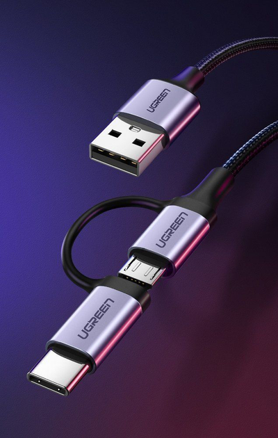 Kabllo USB Ugreen 30875, USB A në microUSB dhe USB C, 1 m, e zezë