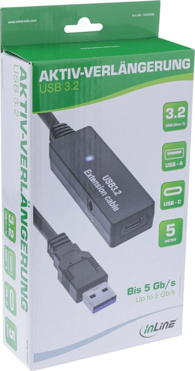 Kabllo zgjatëse USB InLine USB 3.2 Gen 1, USB A me USB C, 15m, e zezë