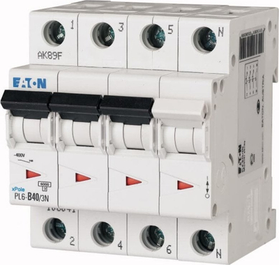 Ndërprerës rryme Eaton PL6-D40/3N, 3P+N, 40A, 6kA, i bardhë