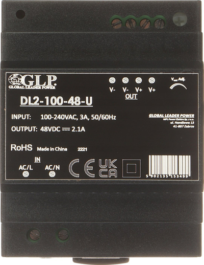Furnizues energjie GLP DL2-100-48-U, 100W, 48V DC, për shinë DIN
