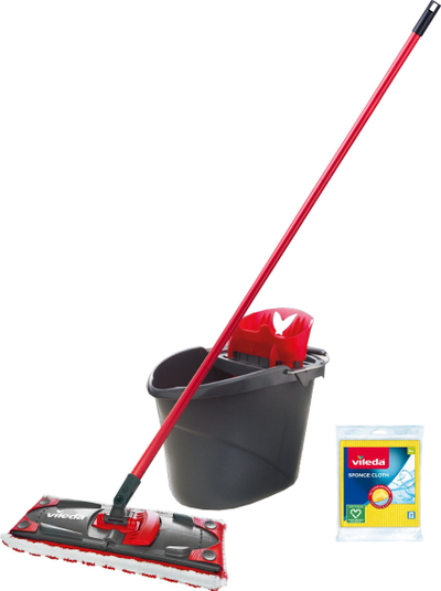 Set pastrimi Vileda Ultramax Box+, leckë mikrofibër, kove me shtrydhës, i kuq e zi