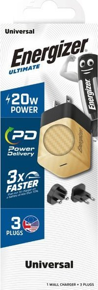 Ѕиден полнач Energizer Ultimate, USB-C 20W PD GaN, адаптер ЕУ УК САД, златна боја