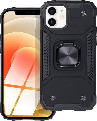 Mbajtëse telefoni për iPhone 12 / 12 Pro, me unazë-stand, kundra goditjeve, e zezë