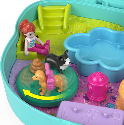 Set loje Polly Pocket World Doggy Birthday Bath, kompakt, me kukulla të vogla, shumëngjyrësh