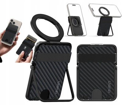 Mbajtëse kartash telefoni Ulanzi ML25 MagLock, magnetike MagSafe, me unazë dhe këmbë mbështetëse, e zezë karbon