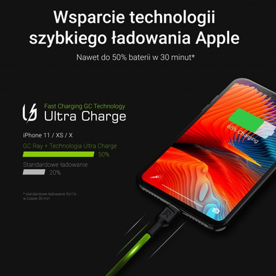 Кабел USB Green Cell GC Ray, USB A во Lightning, 2 m, црн