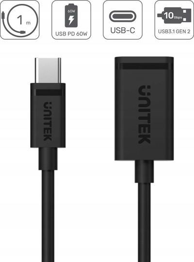 Kabllo USB Unitek C476BK, USB C me USB A, 1 m, 60 W, e zezë