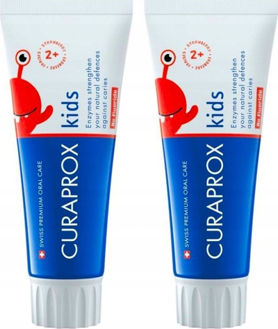 Pasta e dhëmbëve për kalamoj Curaprox Kids me shije luleshtrydhe, pa fluor, 60 ml