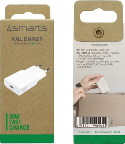 Karikues USB-C 4smarts PDPlug Slim, 30W GaN, i bardhë