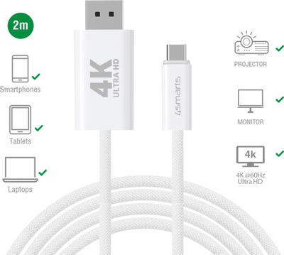 Kabllo video 4smarts USB C në DisplayPort, 2m, 4K 60Hz, i bardhë
