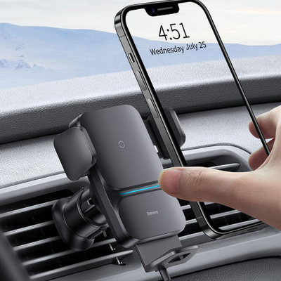 Mbajtëse telefoni për veturë Baseus Wisdom, karikim wireless 15W, montim në grilë ajri, e zezë