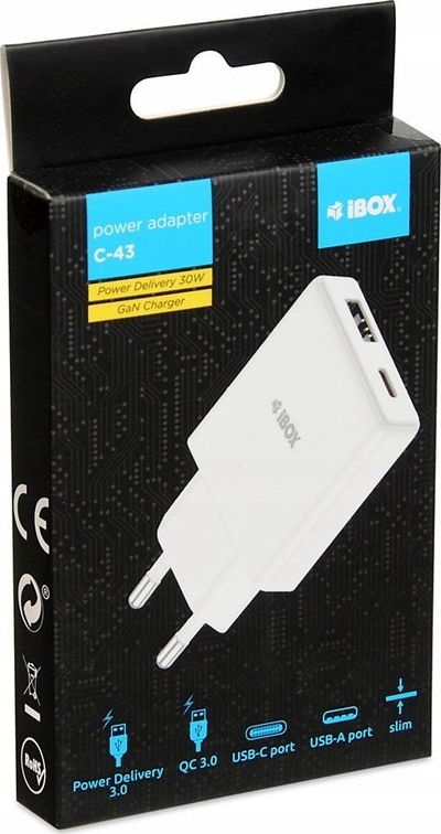 Karikues mur IBOX C-43 Slim GaN PD, 30W, USB-C, i bardhë