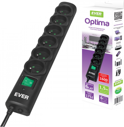 Kabllo vazhdues Ever Optima anti-surge 6 priza, 1.5 m, (T / LZ08-OPT015 / 0000), e zezë