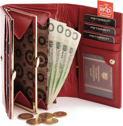 Portofol për goca Peterson, lëkurë natyrale, RFID, i kuq