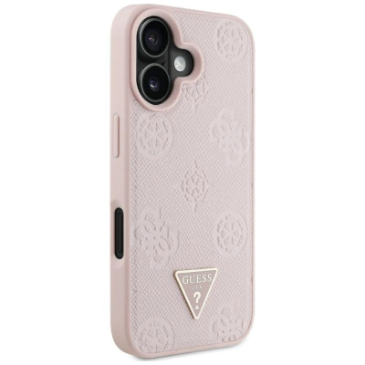 Заштитна маска Guess Grained Hot Stamp Peony Triangle Logo MagSafe за iPhone 16, компатибилна со MagSafe, светло розова