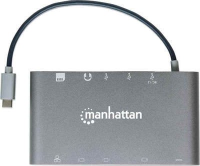 Dock USB C Manhattan me 8 porta, HDMI, VGA, RJ45, lexues kartash, gri