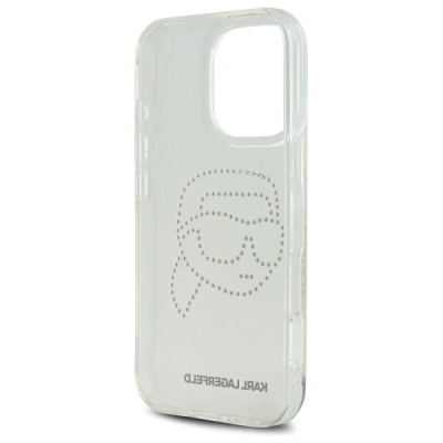 Futrollë telefoni Karl Lagerfeld IML Rhinestones Karl Head për iPhone 16 Pro 6.3", e tejdukshme