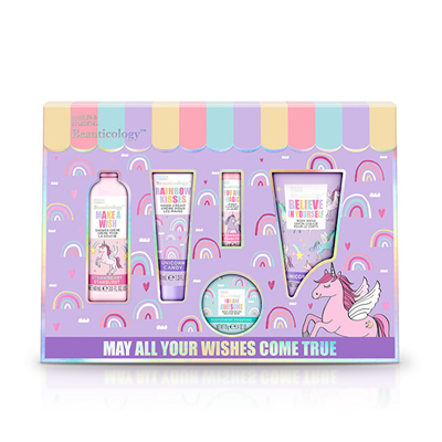 Set për fëmijë Baylis & Harding Unicorn, xhel dushi 50 ml + krem dushi 50 ml + kristale për vaskë 70 g + balsam për buzë 5 g + krem duarsh 30 ml