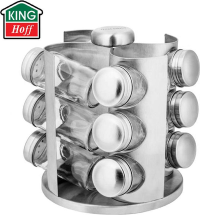 Set kavanozësh për erëza KingHoff KH-4005, 13 copë, qëndrim rrotullues inox, transparent