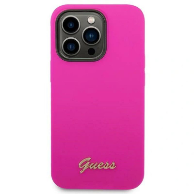 Kapak telefoni Guess për iPhone 14 Pro Max, silikon, logo metal, fuksia