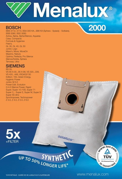 Qese pluhuri Menalux 2000, set 5 copë, me mikrofilter, për Bosch Siemens