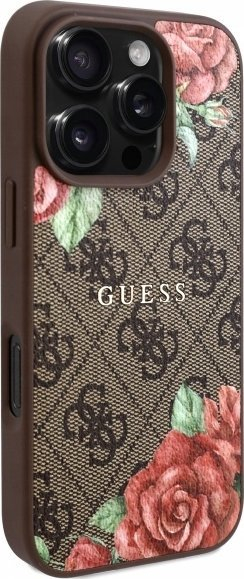 Kapak telefoni Guess 4G Flowers Print MagSafe, për iPhone 16 Pro, kafe