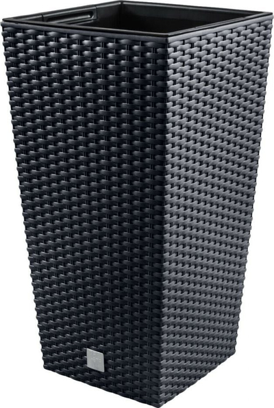 Vazo e lartë katrore për lule, 55cm, dizajn rattan, e zezë