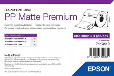 Etiketa rrotull printeri Epson 7113419 PP Matte Premium, 102mm x 152mm, vetëngjitëse, e bardhë