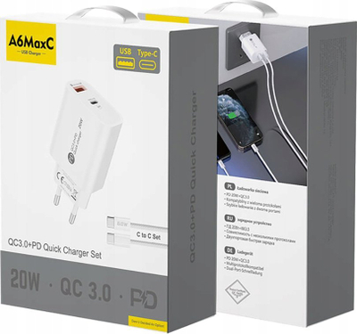 Полнач за ѕид HURTEL A6MaxC, 20W, USB A и USB C, со кабел 1m USB C, бел