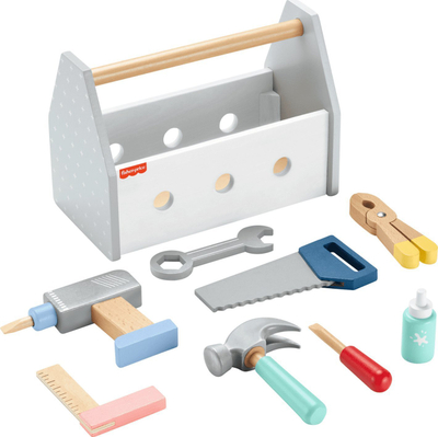 Set veglash druri Fisher-Price Wooden Tool Box, 9 pjesë, lodër edukative, multikolor