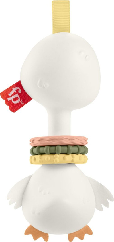Lodër sensorike Fisher-Price Clack and Quack Goose, për foshnje 3+, me unaza shumëteksturore, e bardhë