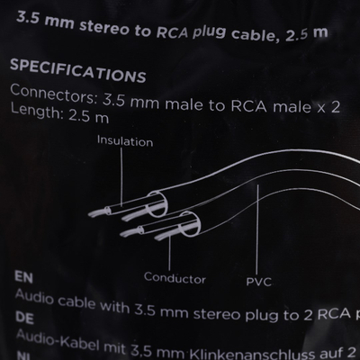 Kabllo audio Gembird CCA4582.5M, Jack 3.5mm në 2x RCA, 2.5m, i zi