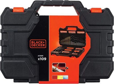 Set aksesorësh Black+Decker A7200-XJ, 109 pjesë, për shpim dhe vidhosje, i zi