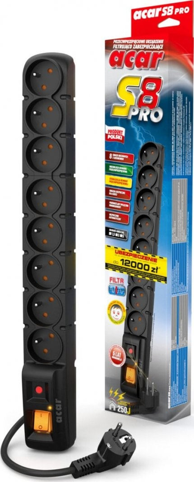 Kabllo mbrojtëse Acar S8 Pro, 8 priza, e zezë