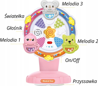 Lodër karusel interaktive Haba Musical Zoo, me drita dhe muzikë, me kapëse vakumi, rozë
