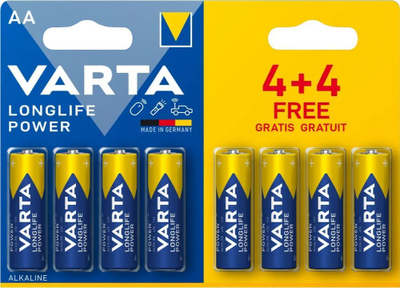 Bateri alkaline Varta Longlife Power AA, 1.5V, pako me 8 copë