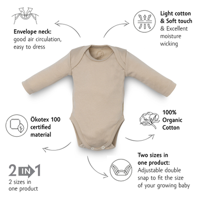 Body për bebe Kenguru Gold Hazelnut, 100% pambuk organik, mëngë të gjata, bezhë