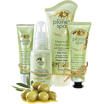Set Avon Planet Spa Olive, Xhel për sy & Maskë hidratuese & Serum për qafë & Krem për duar