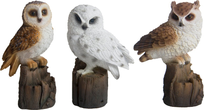 Figurë zbukuruese për kopsht Esschert Design Owl on Trunk S, set me 3 copë, polyresin, shumëngjyrëshe