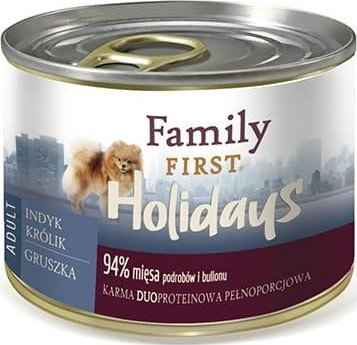 Konservë për qen FamilyFirst Holidays, gjel dhe lepur me dardhë, racat e vogla, 200g