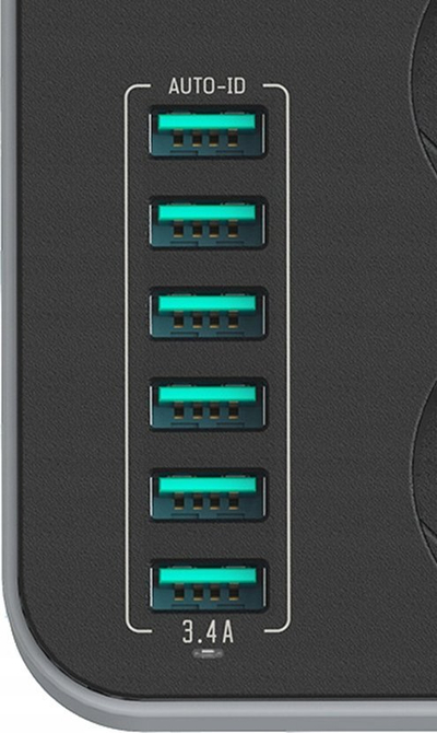 Prizë zgjatëse me 3 dalje dhe 6 porta USB, 1.8m, 2500W, e bardhë